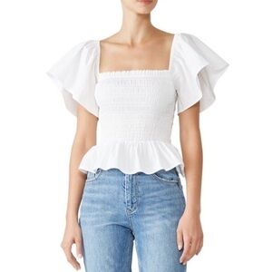 Josie Natori White Smocked Ruffle Blouse Top XS